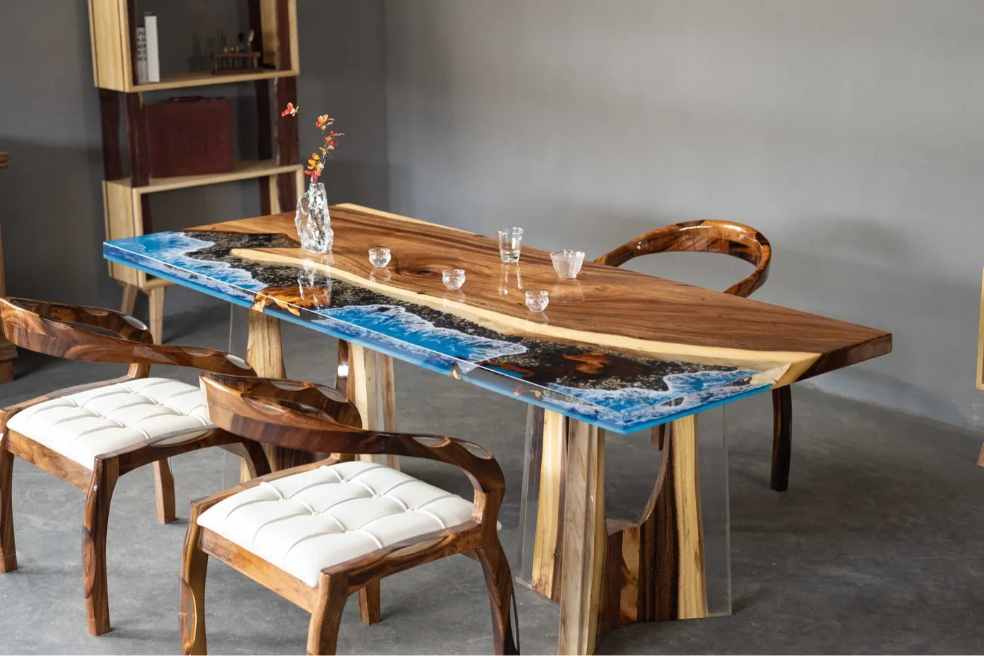 Premium South American Walnut Resin Ocean River Tabletop - Live Edge Wood Luxury Dining & Conference Table Slab (220x90x5cm)