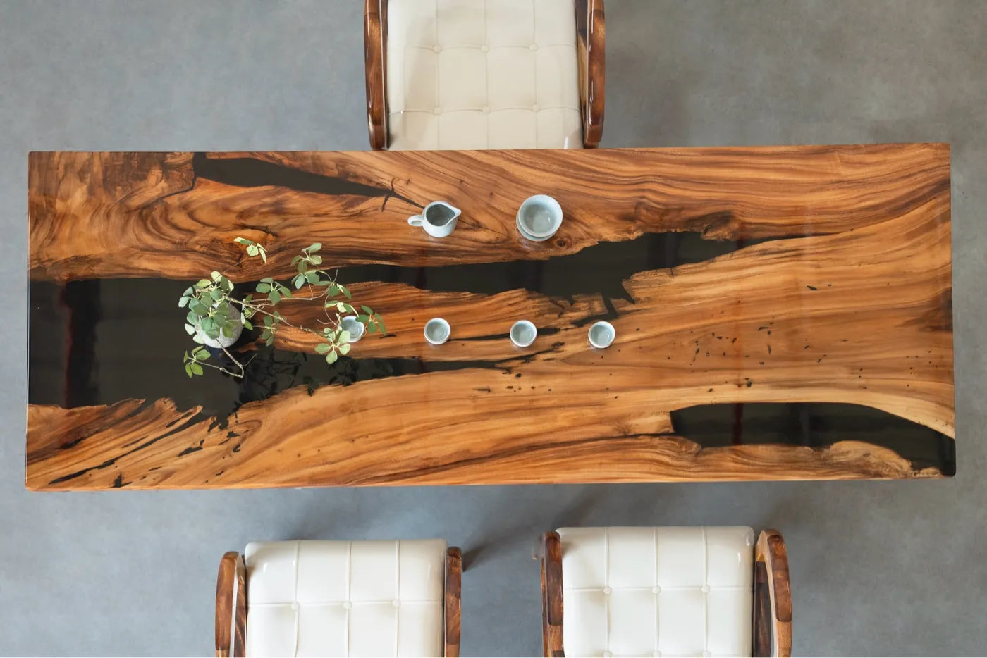 Artisan Walnut & Black Resin River Dining Table - 210cm Live Edge Solid Wood Conference Table