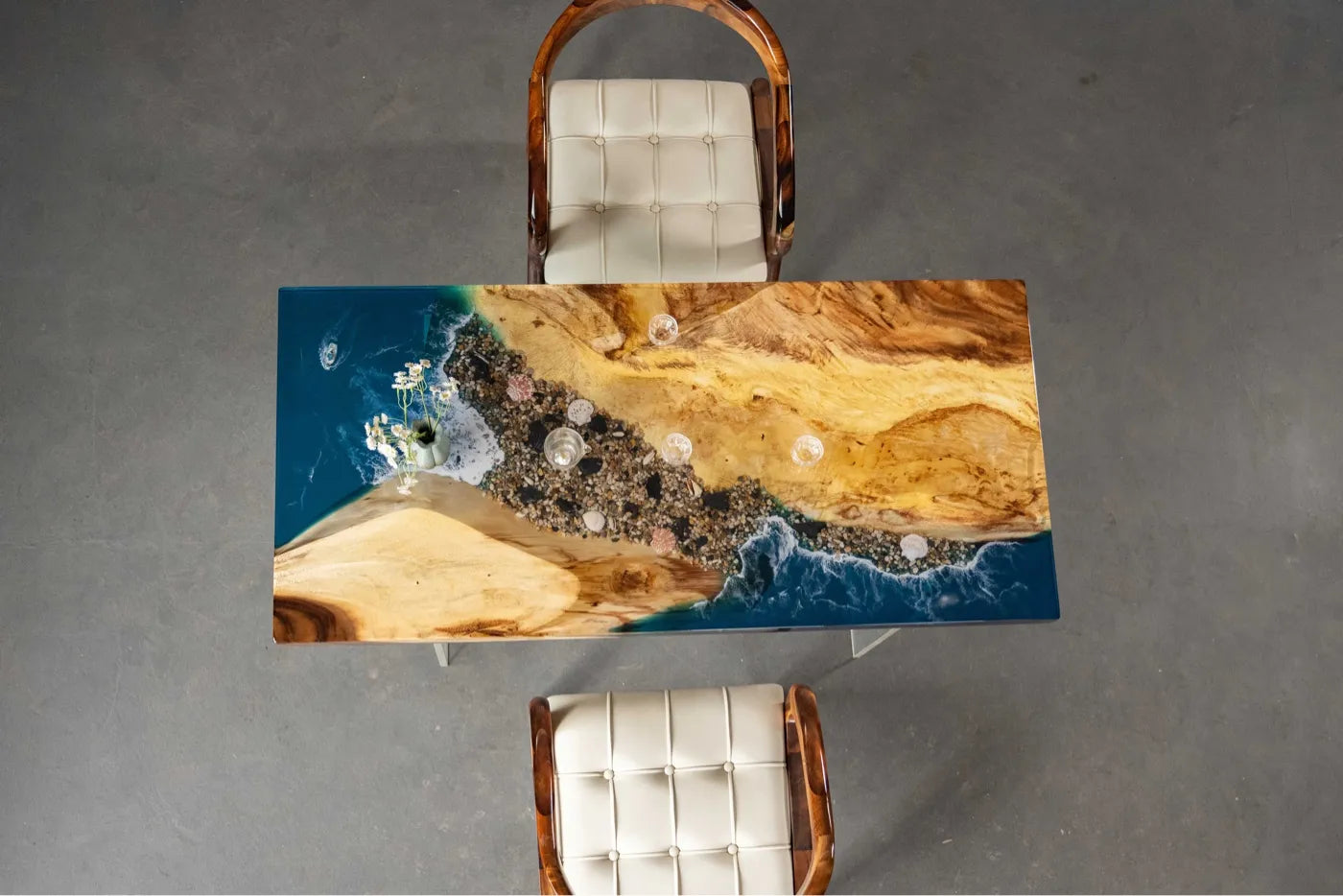 150cm Walnut Epoxy River Table | 3D Ocean Wave & Reef Resin Desk | 4-Seater Small Dining Table & Luxury Tea Table
