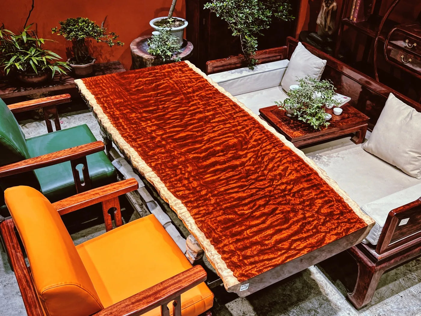 Luxury Figured Bubinga Live Edge Slab Tabletop - Rare Wave Grain Solid Wood (Top Only)