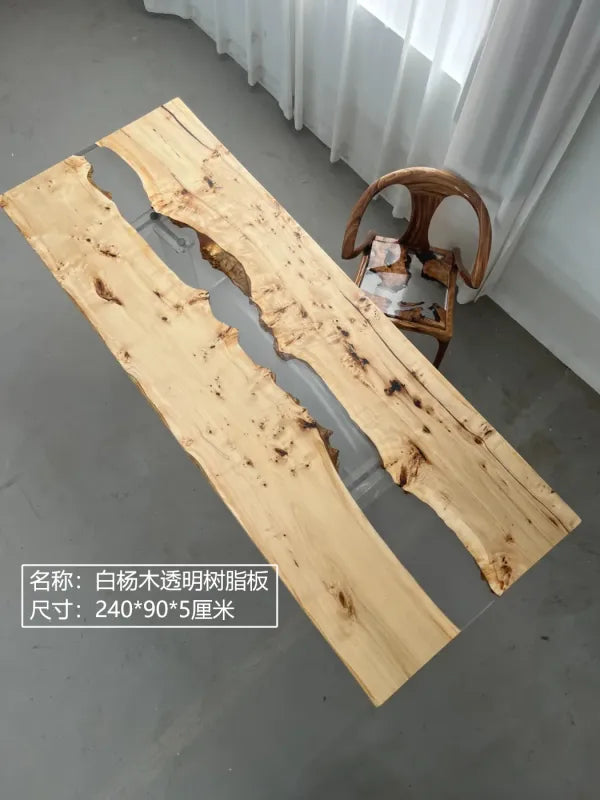 240cm Poplar Burl Epoxy River Table | Ultra-Clear Transparent Resin Dining Table | 6-8 Seater Live Edge Executive Desk