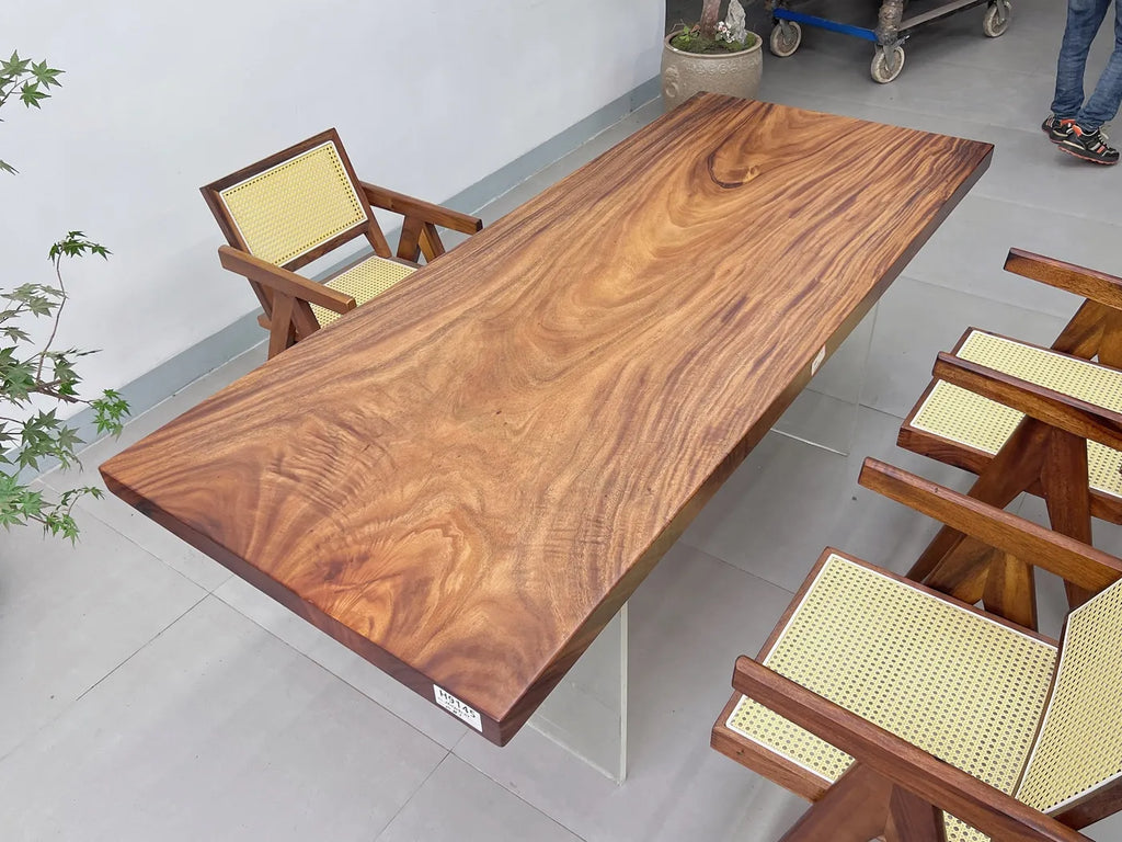 Premium Live Edge Suar Wood Dining Table | Handcrafted South American Walnut Conference Slab | Free Stainless Steel Legs Included (210x88x6cm)