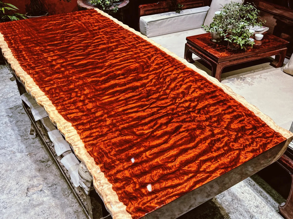 Luxury Figured Bubinga Live Edge Slab Tabletop - Rare Wave Grain Solid Wood (Top Only)