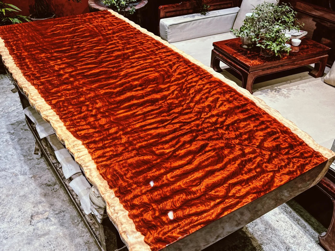 Luxury Figured Bubinga Live Edge Slab Tabletop - Rare Wave Grain Solid Wood (Top Only)