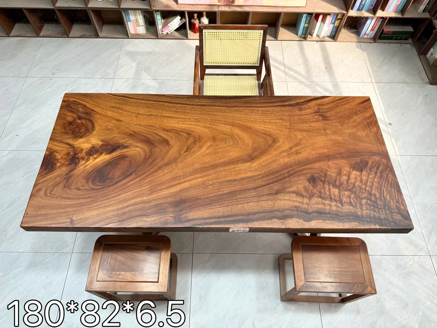 South American walnut live edge solid wood slab dining table 180x82x6.5cm, top-down view