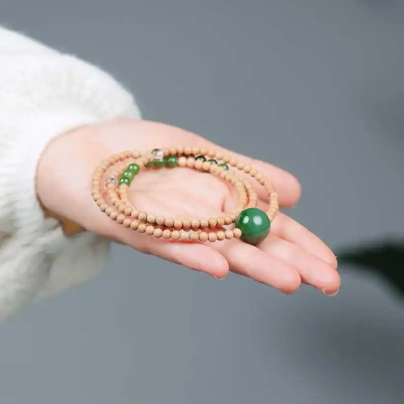 【Original】India Old Mountain Sandalwood Multi-Wrap Bracelet | Hetian Jade & White Crystal 0.4cm