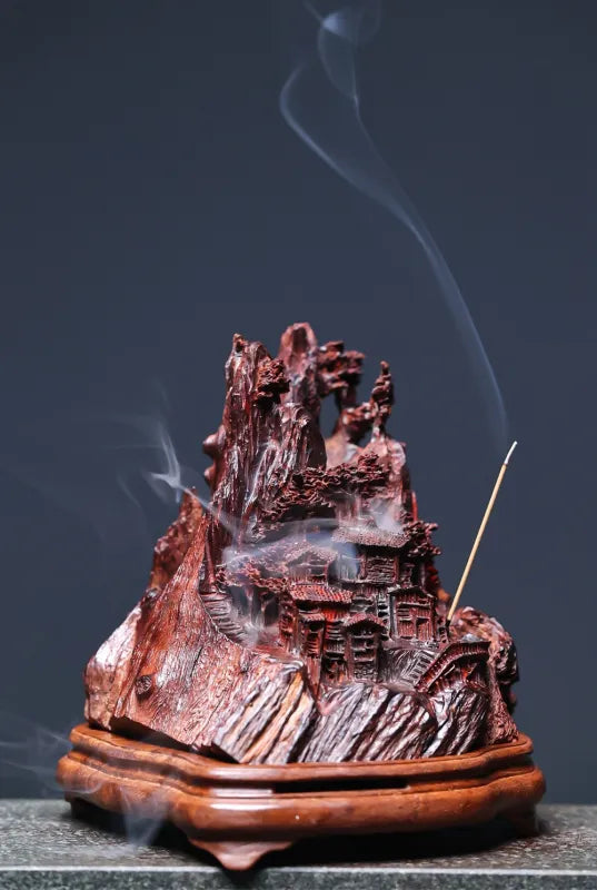 Hand-Carved Indian Pterocarpus Santalinus Coil Incense Burner — Mountain Village Scene