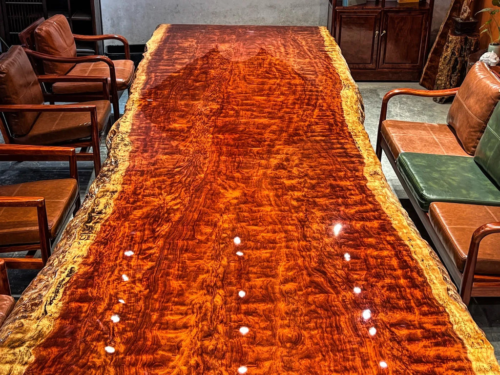Statement Monumental Figured Bubinga Live Edge Conference Table Slab - Premium African Rosewood (Top Only)