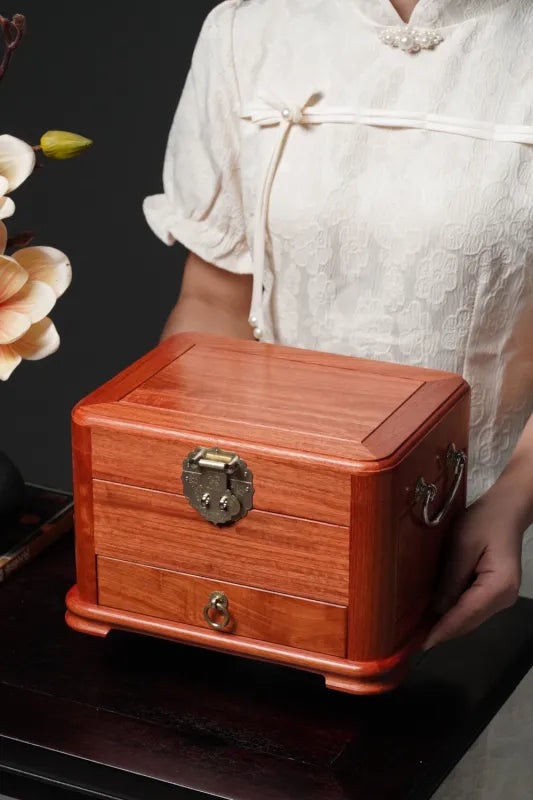 Myanmar Padauk Wood Jewelry Box – Handcrafted Dovetail Organizer with Rounded Corners