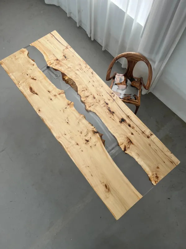240cm Poplar Burl Epoxy River Table | Ultra-Clear Transparent Resin Dining Table | 6-8 Seater Live Edge Executive Desk
