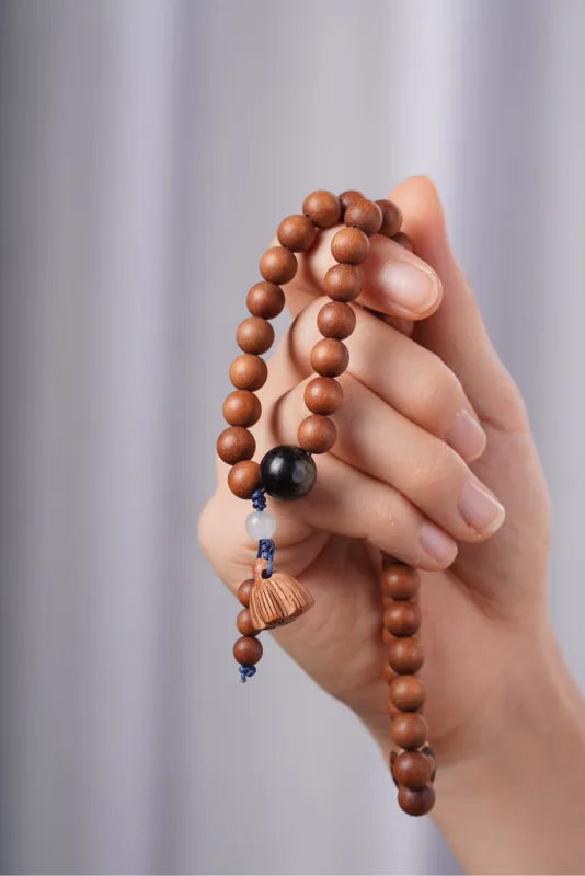 Sandalwood Mala Bracelet 36 Beads | Dzi Bead & Lotus Pod Charm | Wisdom, Protection & Blessing