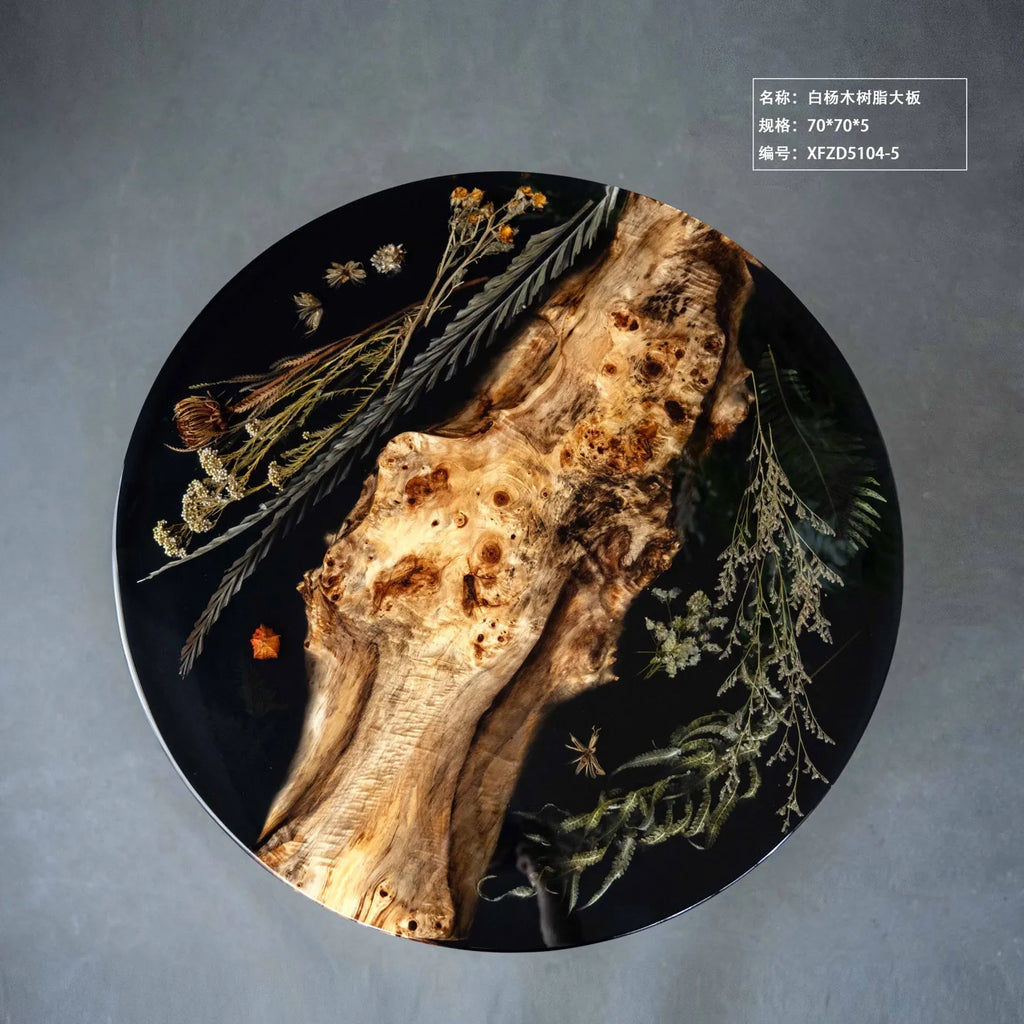 Round Epoxy Resin Coffee Table | Burl Wood & Dried Flower Art Side Table Top