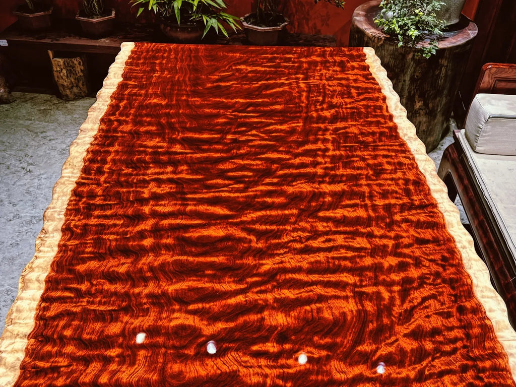 Luxury Figured Bubinga Live Edge Slab Tabletop - Rare Wave Grain Solid Wood (Top Only)