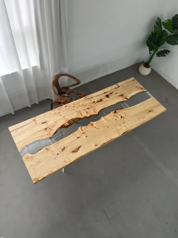 240cm Poplar Burl Epoxy River Table | Ultra-Clear Transparent Resin Dining Table | 6-8 Seater Live Edge Executive Desk