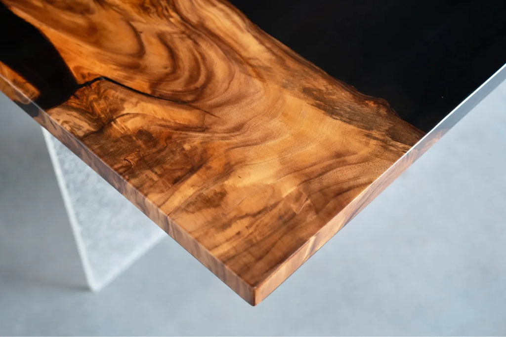 Artisan Walnut & Black Resin River Dining Table - 210cm Live Edge Solid Wood Conference Table