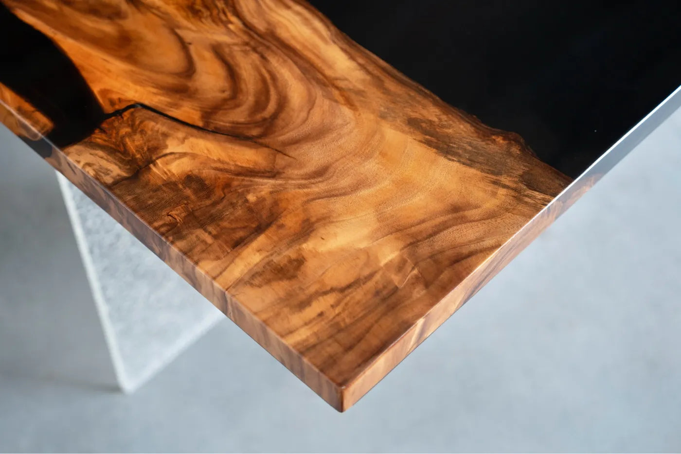 Artisan Walnut & Black Resin River Dining Table - 210cm Live Edge Solid Wood Conference Table