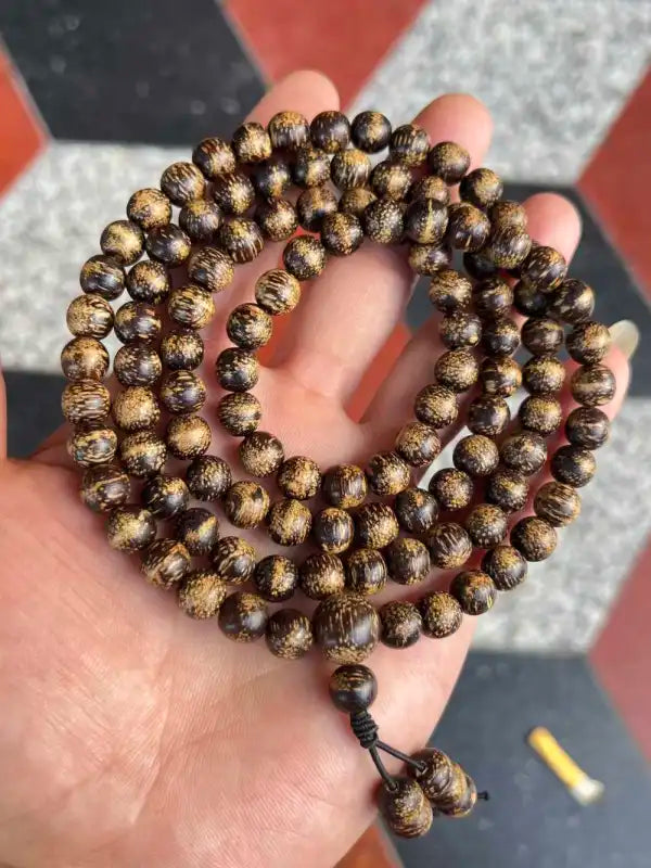 Hainan Huangqi Wild Agarwood Mala Bracelet | 108 Beads 8mm | Natural Oud Wood Prayer Beads | Free Shipping