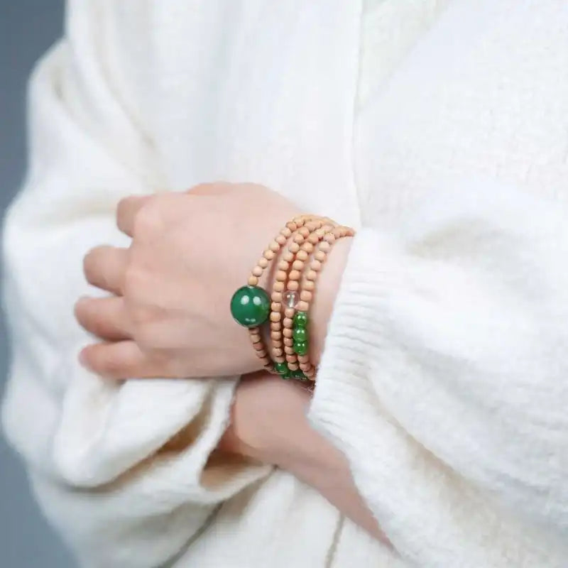 【Original】India Old Mountain Sandalwood Multi-Wrap Bracelet | Hetian Jade & White Crystal 0.4cm
