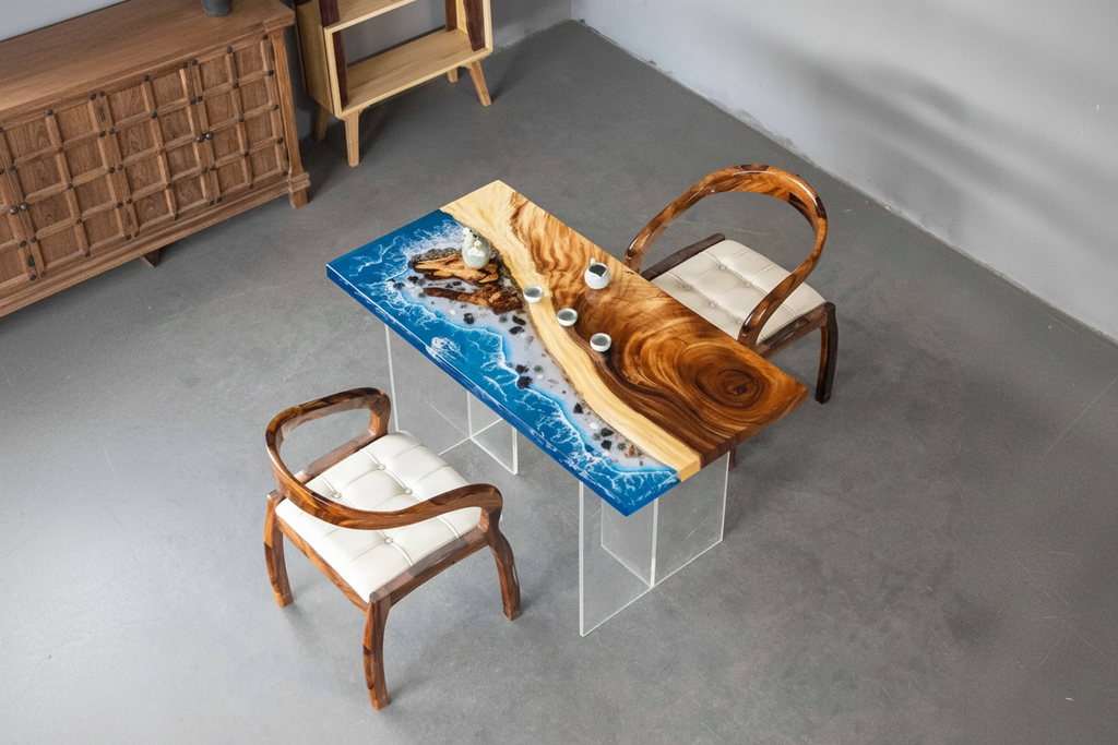 Solid wood furniture featuring an epoxy resin "river" design and ocean wave effects—suitable for use as a tea table, dining table, or coffee table.