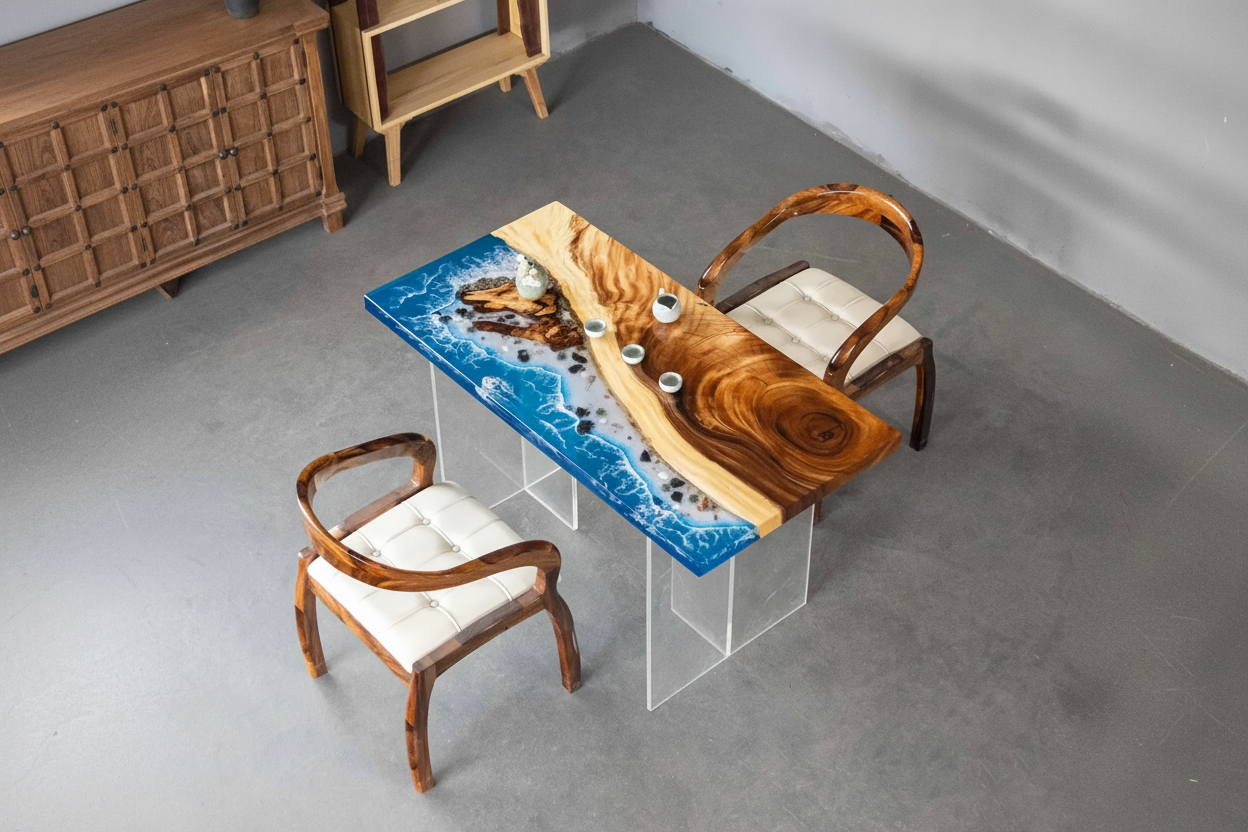 Solid wood furniture featuring an epoxy resin "river" design and ocean wave effects—suitable for use as a tea table, dining table, or coffee table.
