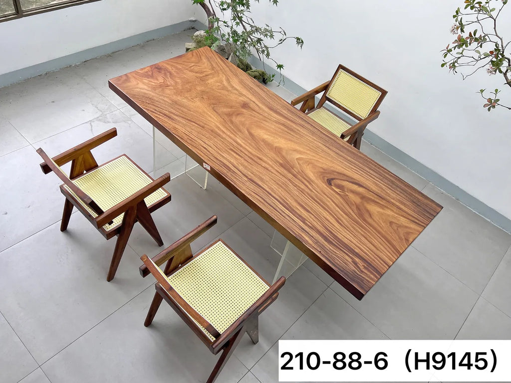 Premium Live Edge Suar Wood Dining Table | Handcrafted South American Walnut Conference Slab | Free Stainless Steel Legs Included (210x88x6cm)
