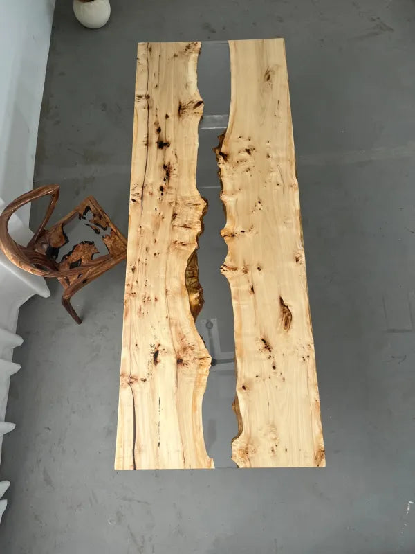 240cm Poplar Burl Epoxy River Table | Ultra-Clear Transparent Resin Dining Table | 6-8 Seater Live Edge Executive Desk