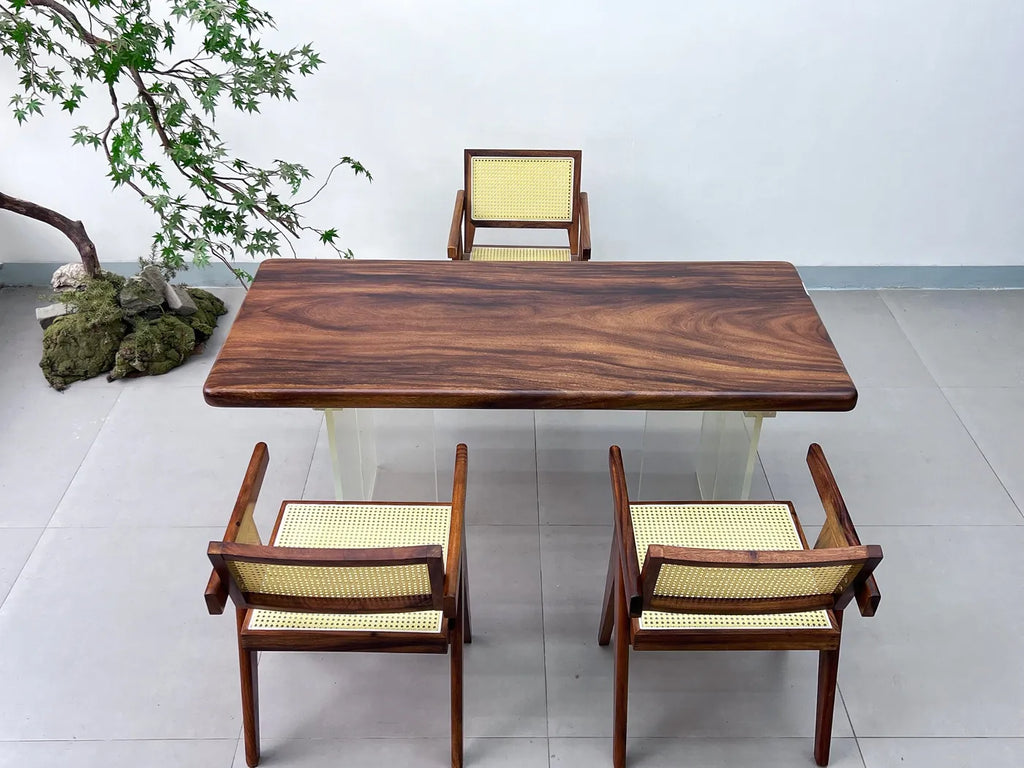 Luxury Pebble Live Edge Suar Wood Dining Table | Handcrafted South American Walnut Slab with Floating Acrylic Legs | Modern Executive Desk (170x75x6cm)