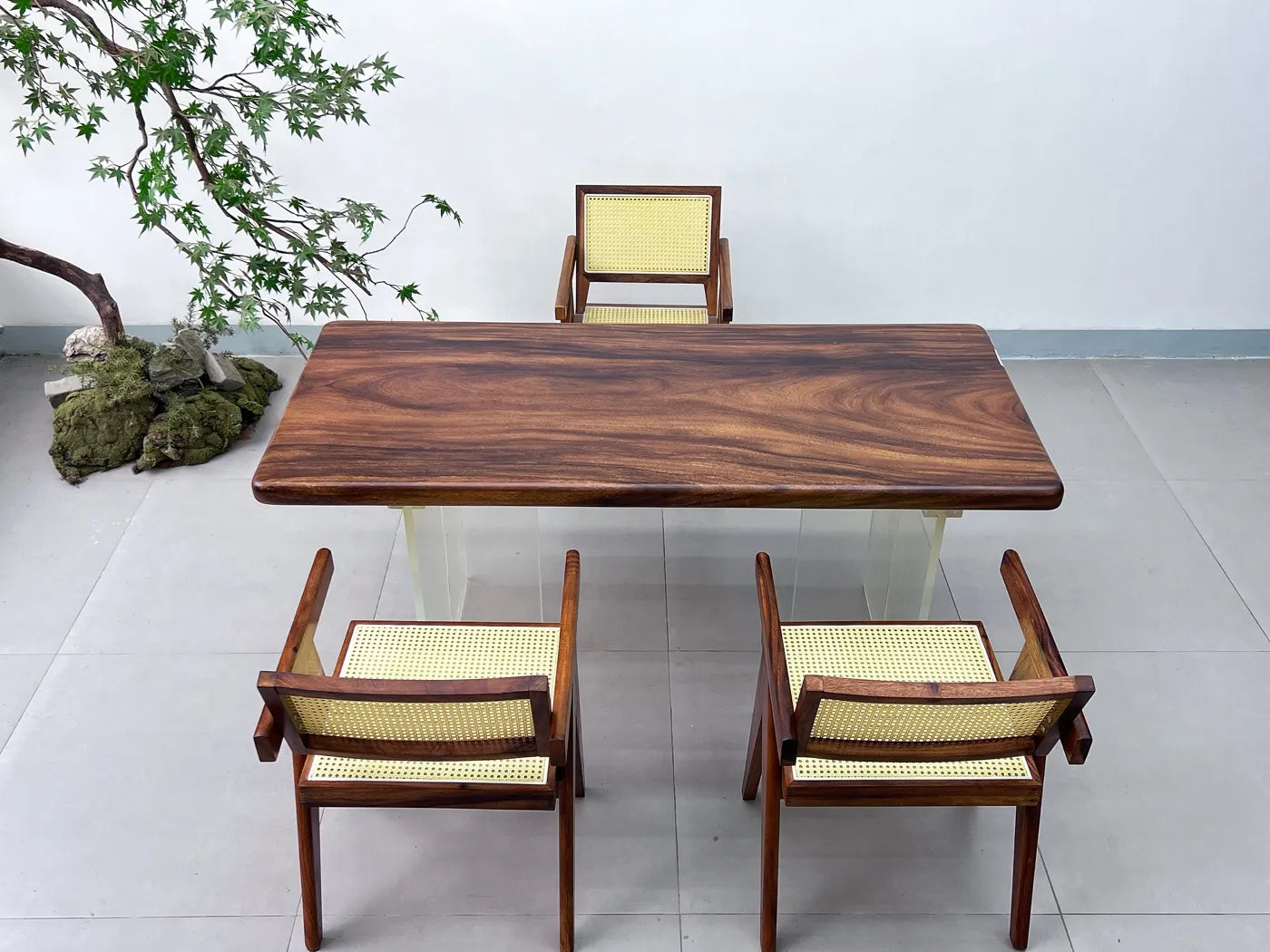 Luxury Pebble Live Edge Suar Wood Dining Table | Handcrafted South American Walnut Slab with Floating Acrylic Legs | Modern Executive Desk (170x75x6cm)