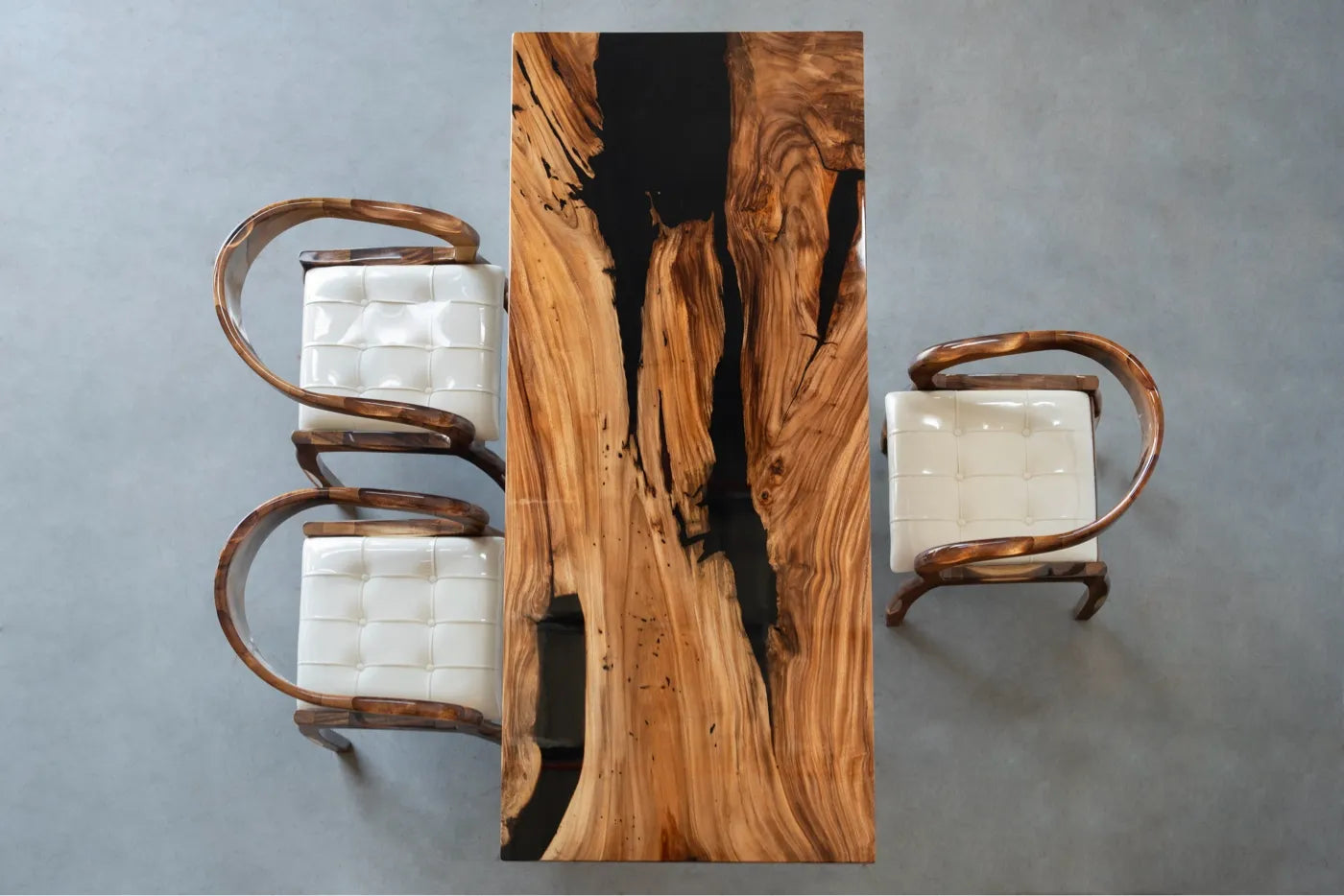 Artisan Walnut & Black Resin River Dining Table - 210cm Live Edge Solid Wood Conference Table