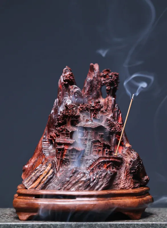 Hand-Carved Indian Pterocarpus Santalinus Coil Incense Burner — Mountain Village Scene