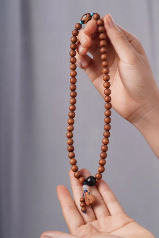 Sandalwood Mala Bracelet 36 Beads | Dzi Bead & Lotus Pod Charm | Wisdom, Protection & Blessing