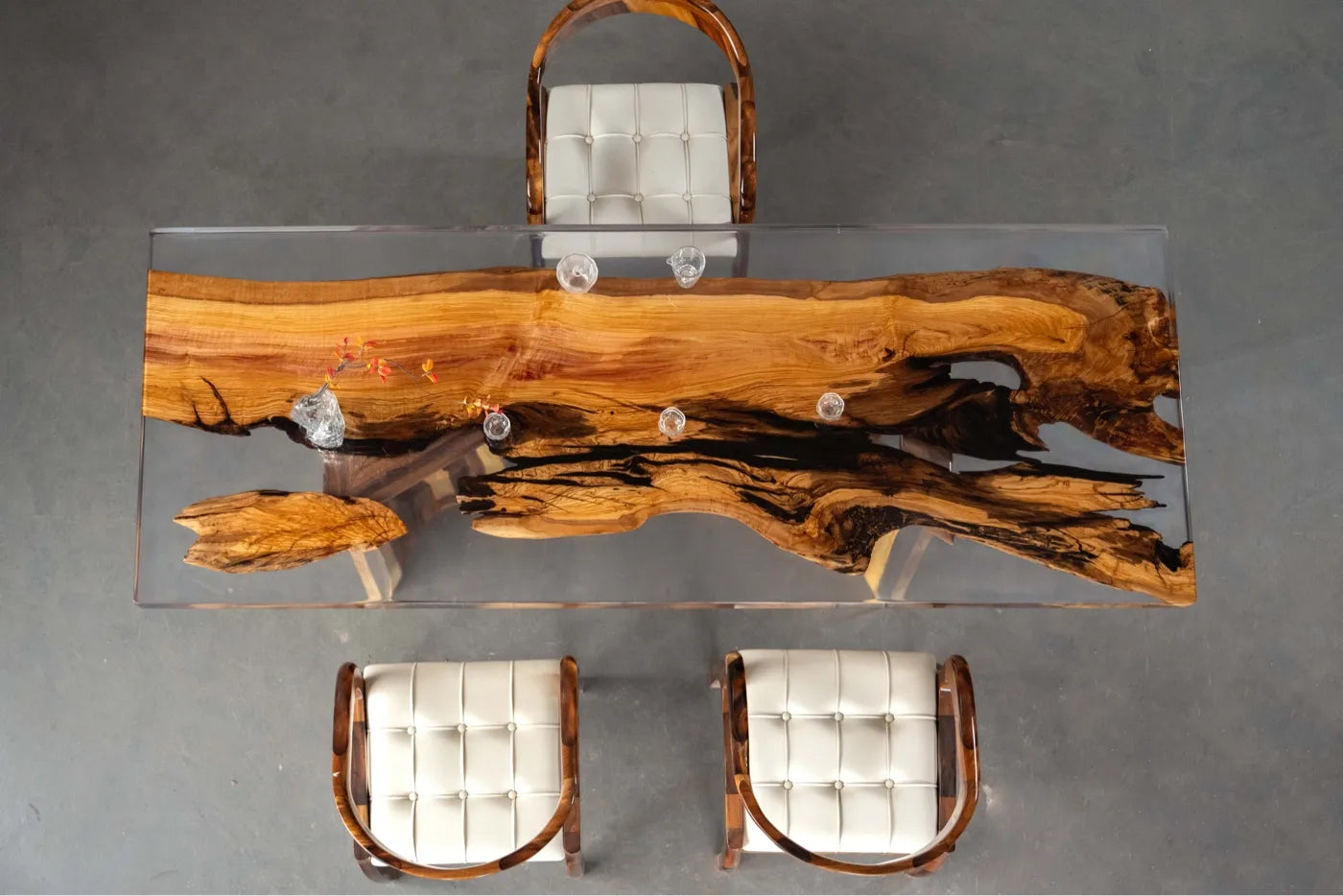 Olive Wood & Clear Resin Live Edge Dining Table - Luxury Epoxy Resin River Table