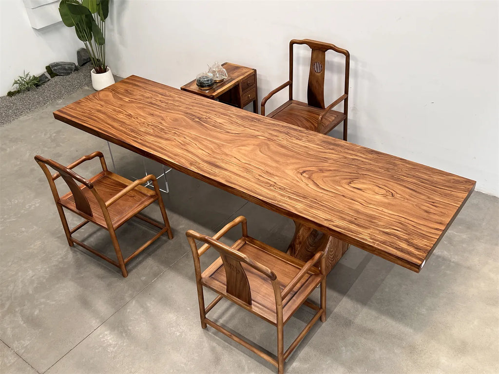 Premium Solid Wood Slab Table 313x88cm | Zebra Wood Large Dining Table, Meeting Desk & Tea Table