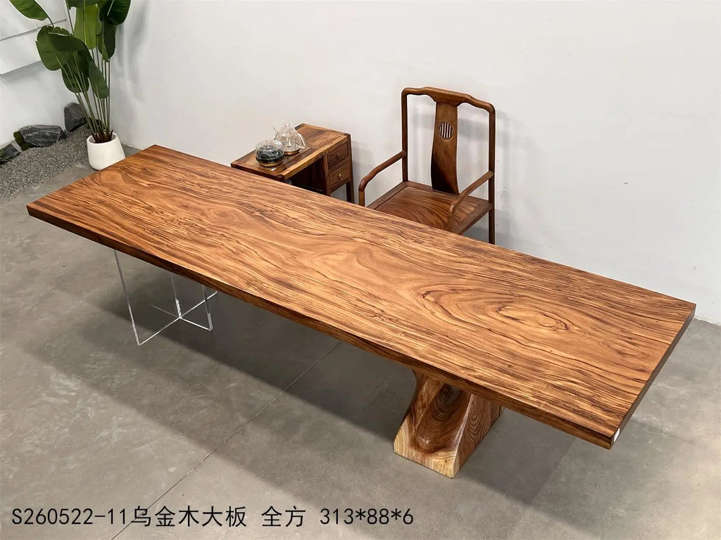 Premium Solid Wood Slab Table 313x88cm | Zebra Wood Large Dining Table, Meeting Desk & Tea Table