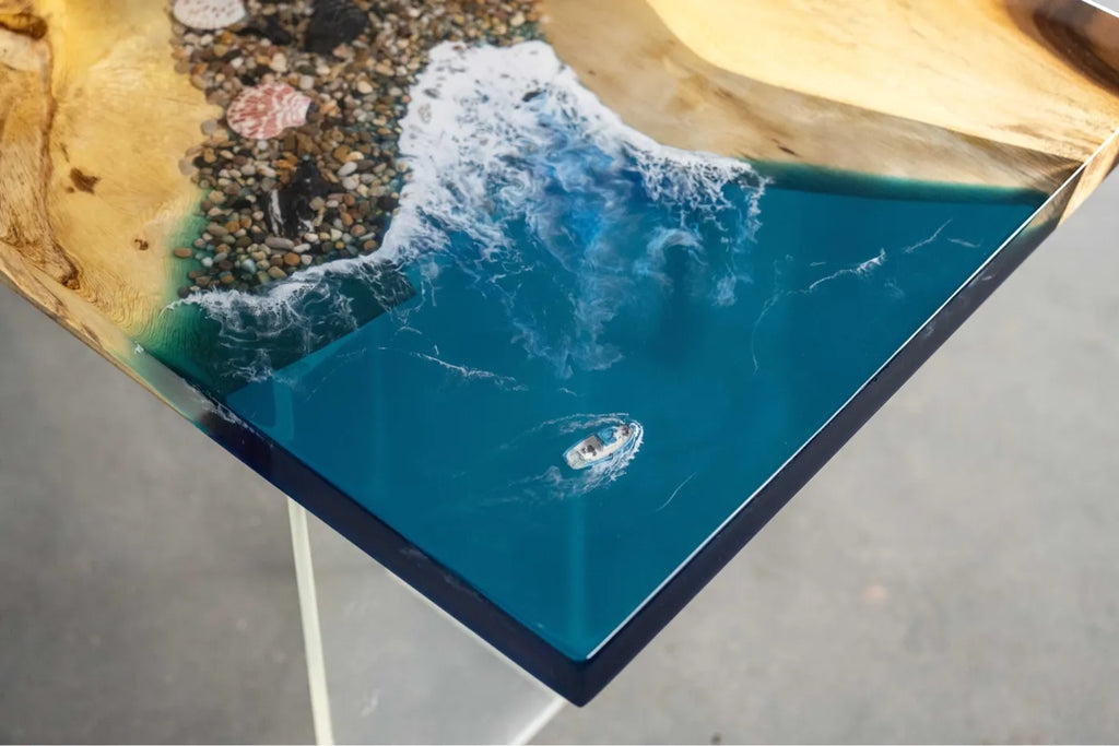 150cm Walnut Epoxy River Table | 3D Ocean Wave & Reef Resin Desk | 4-Seater Small Dining Table & Luxury Tea Table
