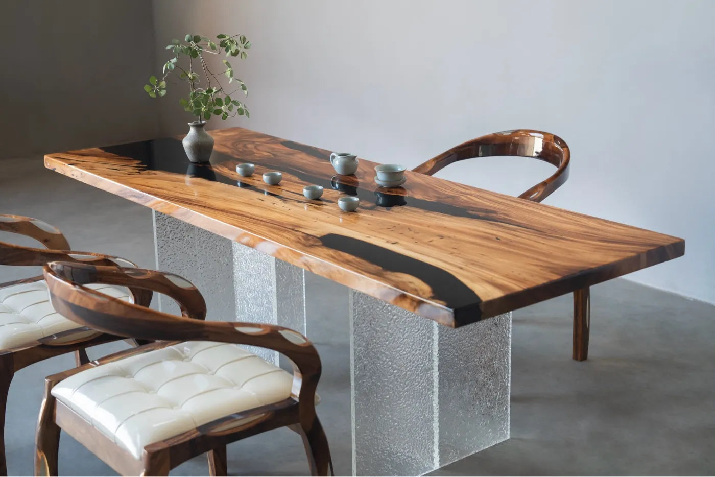 Artisan Walnut & Black Resin River Dining Table - 210cm Live Edge Solid Wood Conference Table