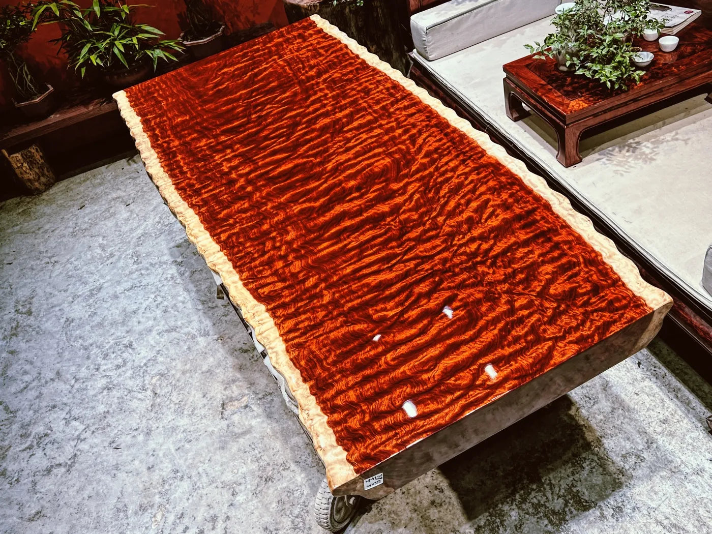 Luxury Figured Bubinga Live Edge Slab Tabletop - Rare Wave Grain Solid Wood (Top Only)