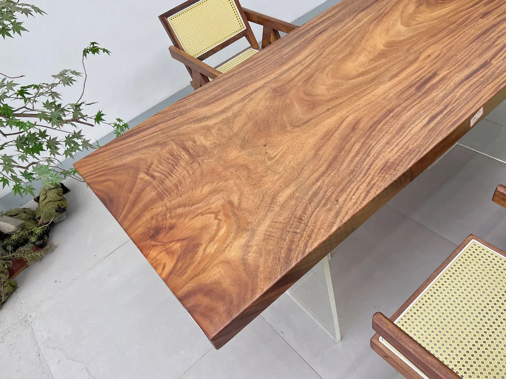 Premium Live Edge Suar Wood Dining Table | Handcrafted South American Walnut Conference Slab | Free Stainless Steel Legs Included (210x88x6cm)