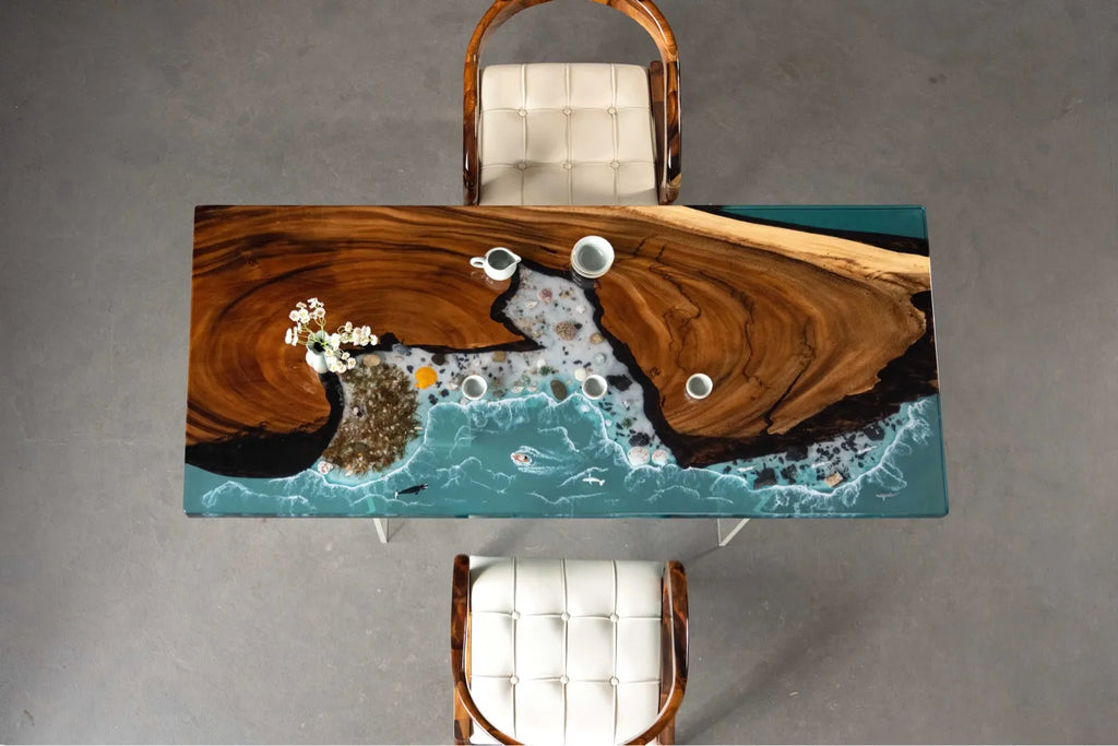 180cm Walnut Epoxy River Table | Blue Ocean Wave Resin Office Desk & 4-6 Seater Dining Table