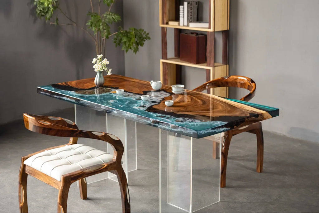180cm Walnut Epoxy River Table | Blue Ocean Wave Resin Office Desk & 4-6 Seater Dining Table