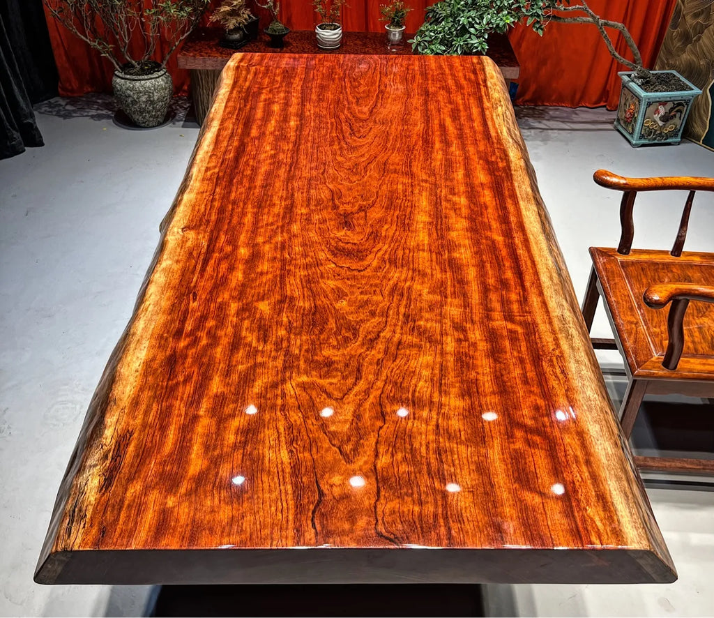 Exquisite Flame Grain Bubinga Live Edge Wood Slab Tabletop - Premium African Rosewood (Top Only)