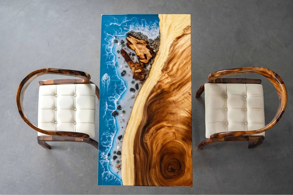 Solid wood furniture featuring an epoxy resin "river" design and ocean wave effects—suitable for use as a tea table, dining table, or coffee table.