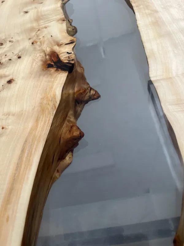 240cm Poplar Burl Epoxy River Table | Ultra-Clear Transparent Resin Dining Table | 6-8 Seater Live Edge Executive Desk