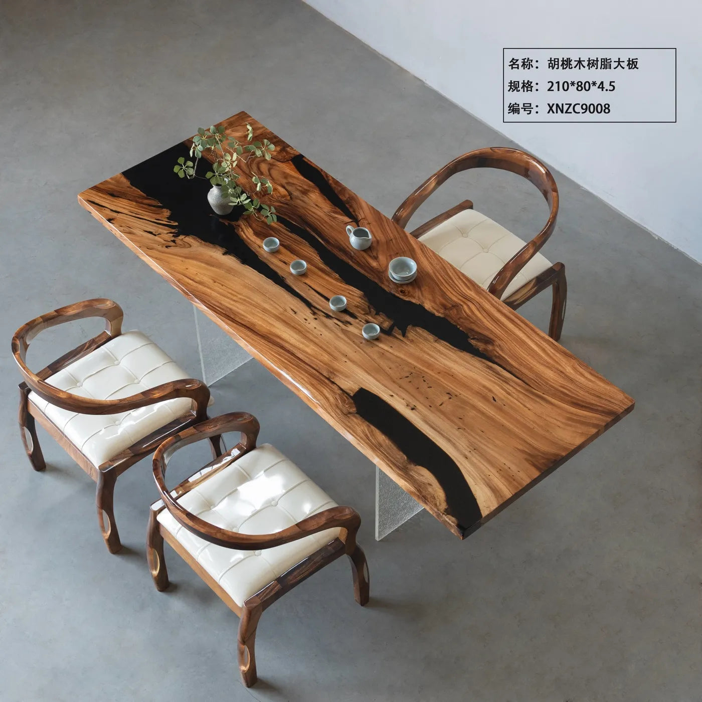 Artisan Walnut & Black Resin River Dining Table - 210cm Live Edge Solid Wood Conference Table